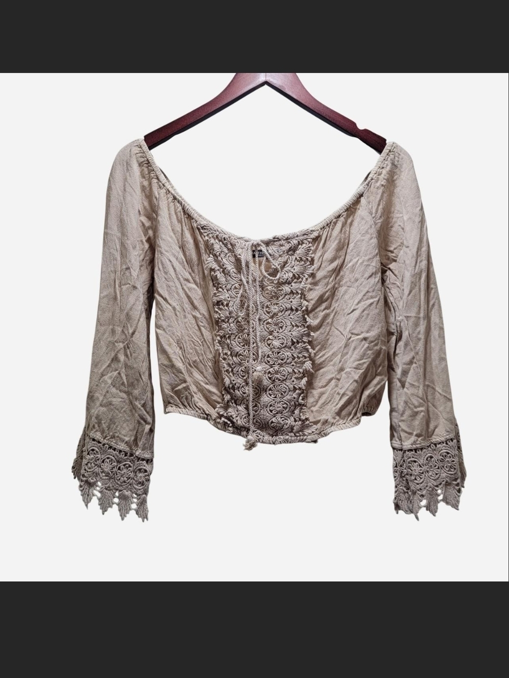 EARTHBOUND Taupe Crochet-Trim Peasant Off-Shoulder Top